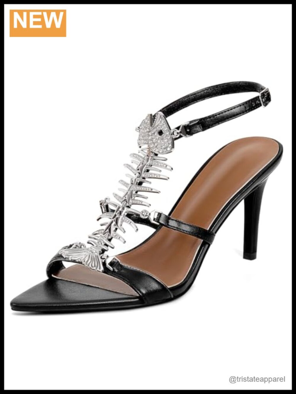 Fishbone Rhinestone Stiletto Heeled Sandals Pointed Open Toe Ankle Strap